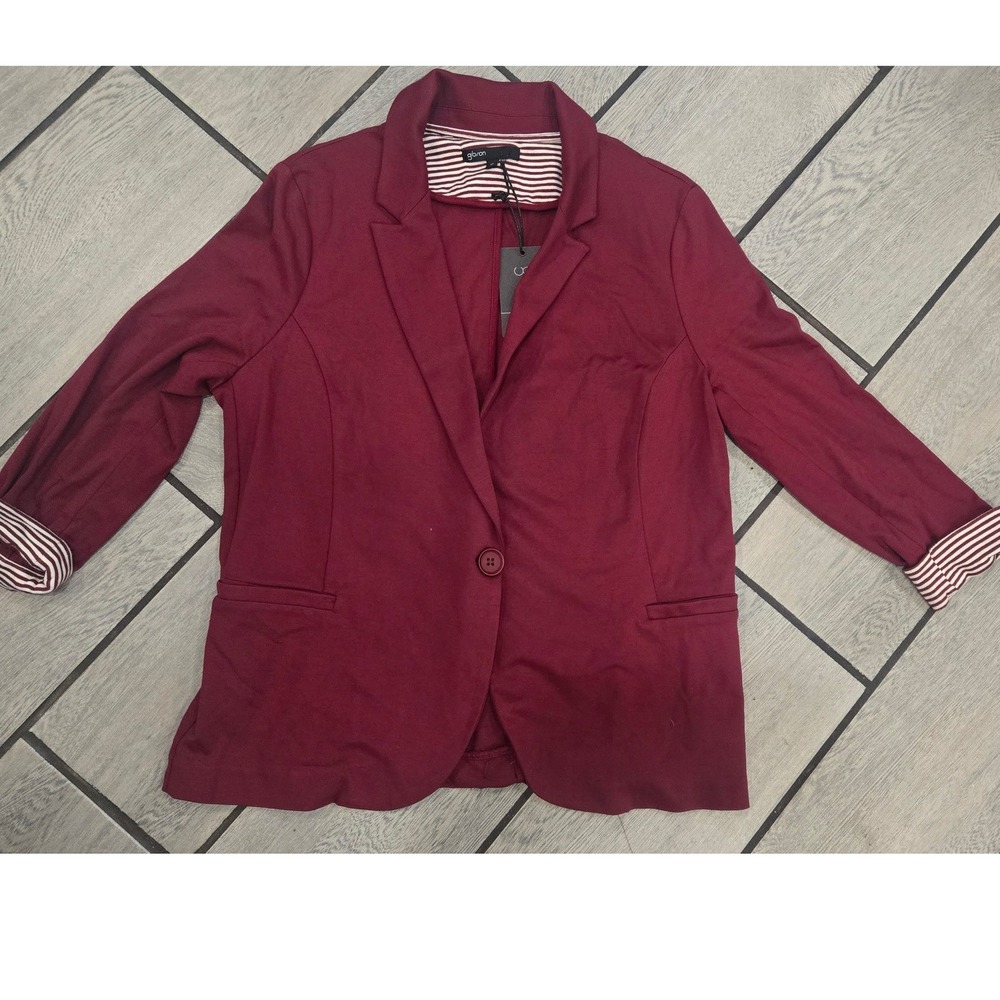 Gibson Womens Knit Blazer Burgundy Striped Cuffs One Button Jacket Medium IM7273
